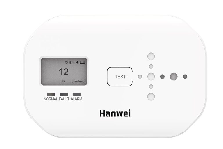 PESV CM022 battery operated carbon monoxide alarm front view displaying clear LCD concentration screen