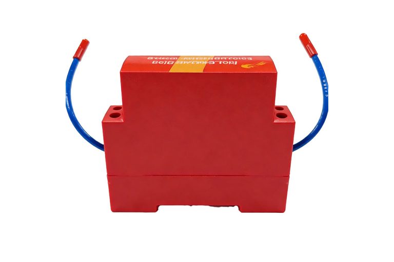 PESV D0.01G/S-QR aerosol fire extinguisher showing compact red housing and dual thermal detection wires.