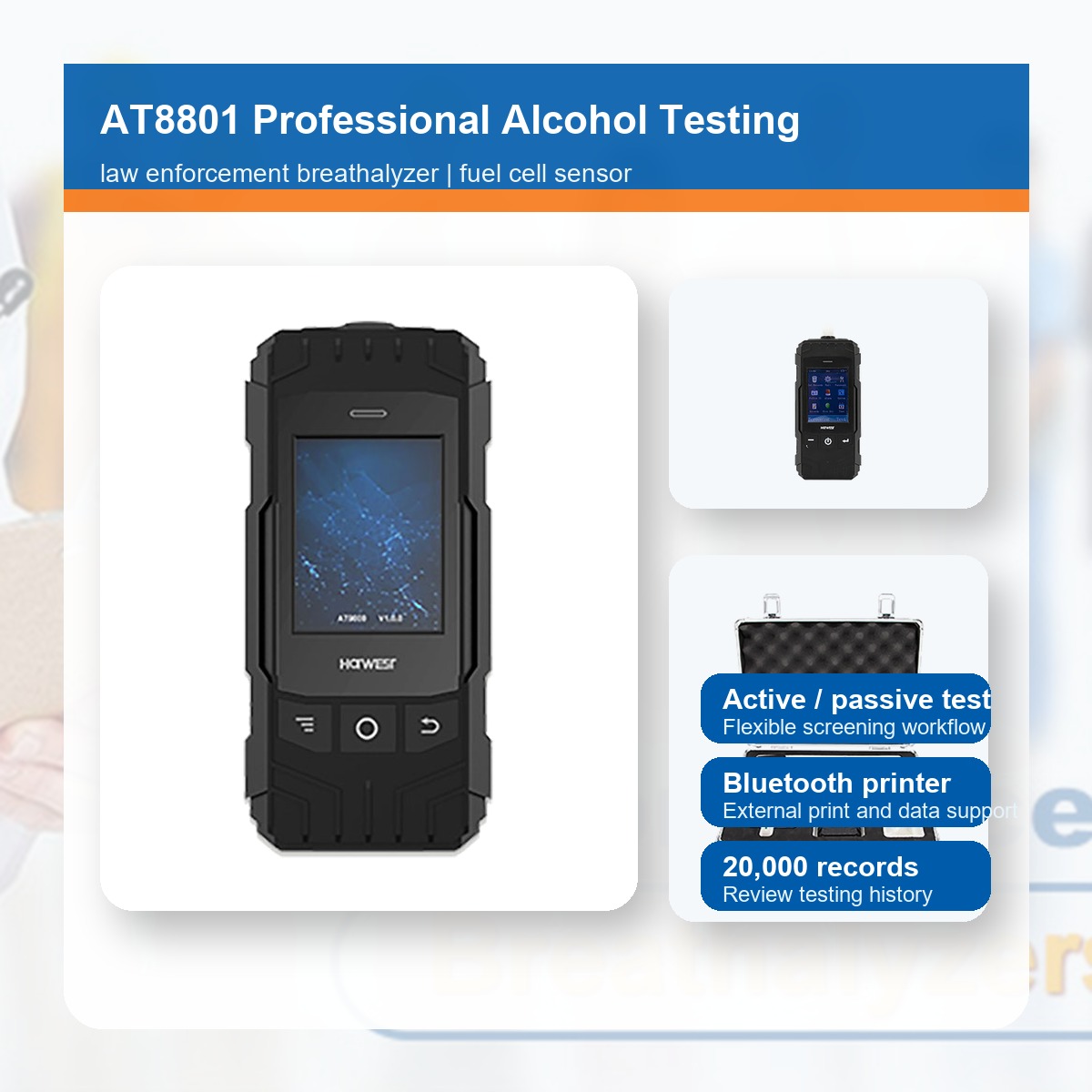 AT8801 law enforcement breathalyzer product workflow infographic