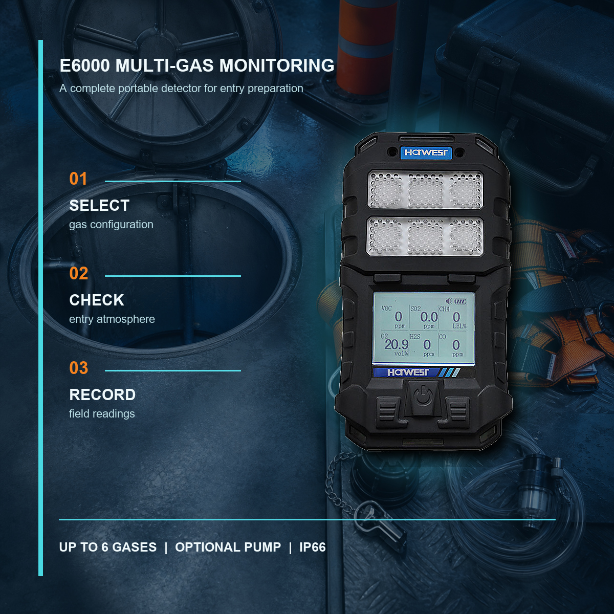 E6000 portable multi-gas detector with up to six gas monitoring configuration