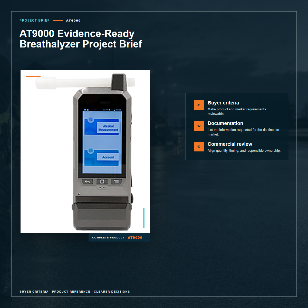 Complete official PESV AT9000 product photo supporting AT9000 evidence-ready breathalyzer project brief in a tightly framed product-first layout
