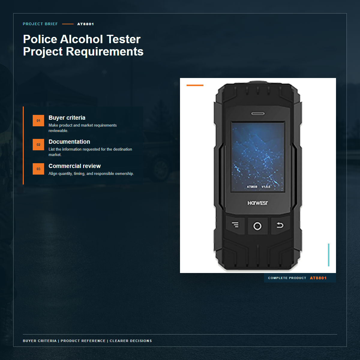 Complete official PESV AT8801 product photo supporting police alcohol tester project requirements in a tightly framed product-first layout