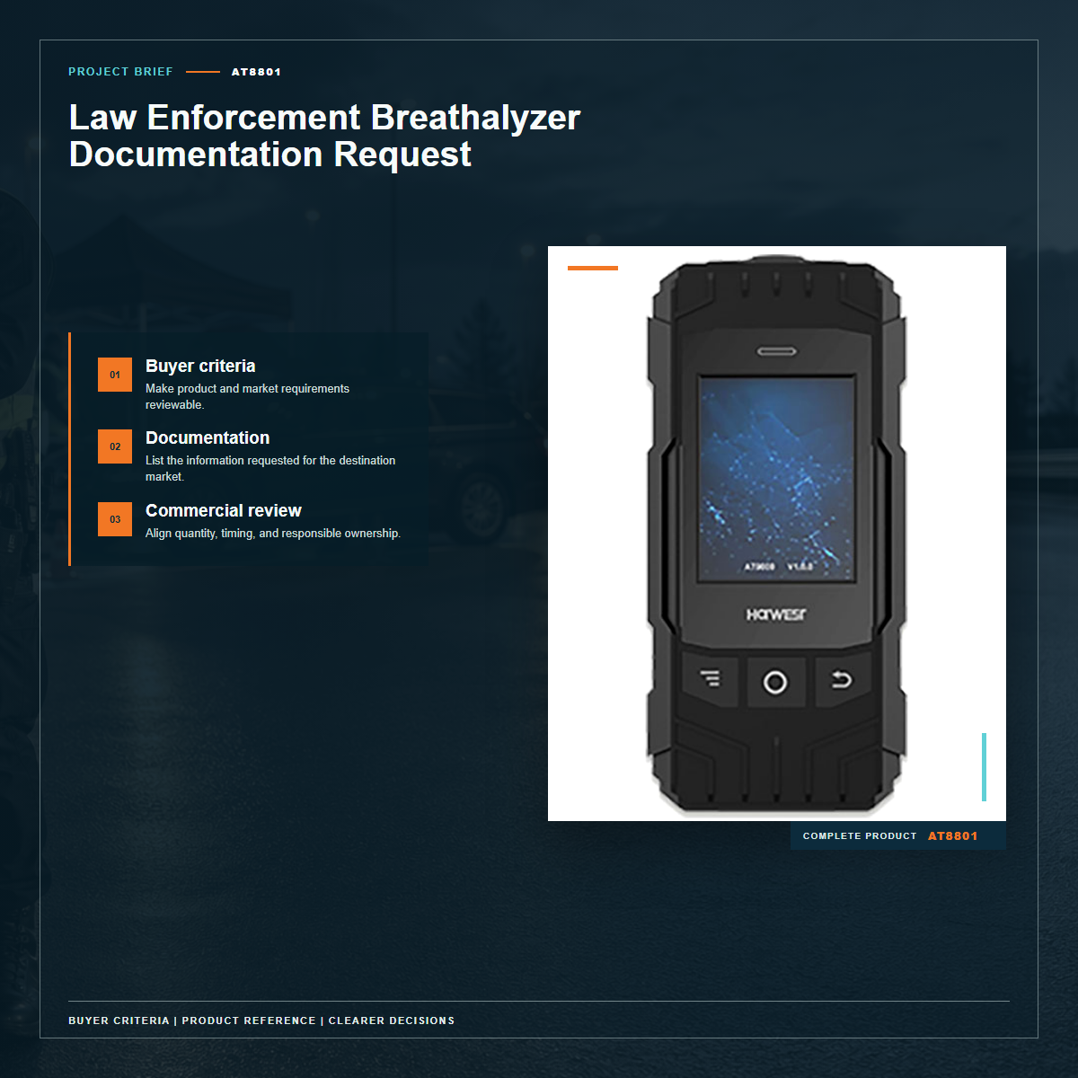 Complete official PESV AT8801 product photo supporting law enforcement breathalyzer documentation request in a tightly framed product-first layout