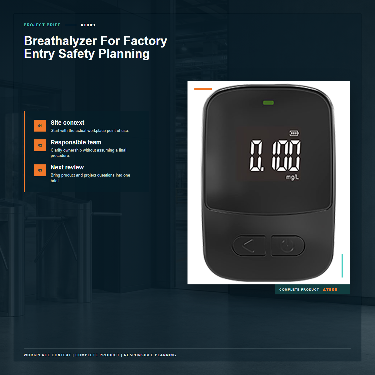 Complete official PESV AT809 product photo supporting breathalyzer for factory entry safety planning in a tightly framed product-first layout