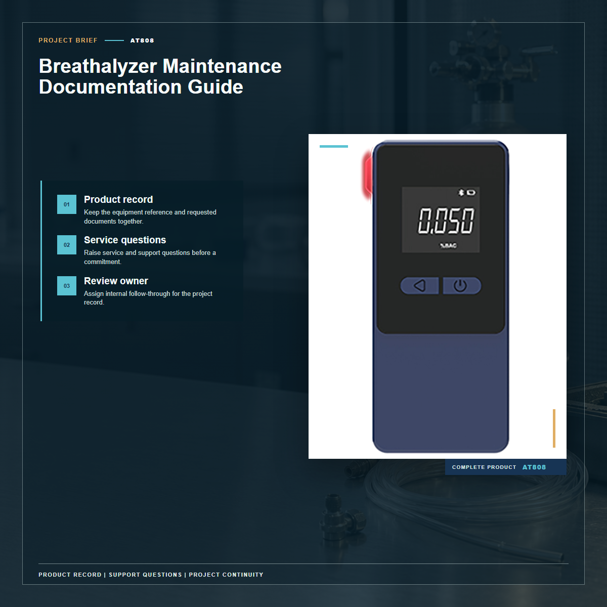 Complete official PESV AT808 product photo supporting breathalyzer maintenance documentation guide in a tightly framed product-first layout