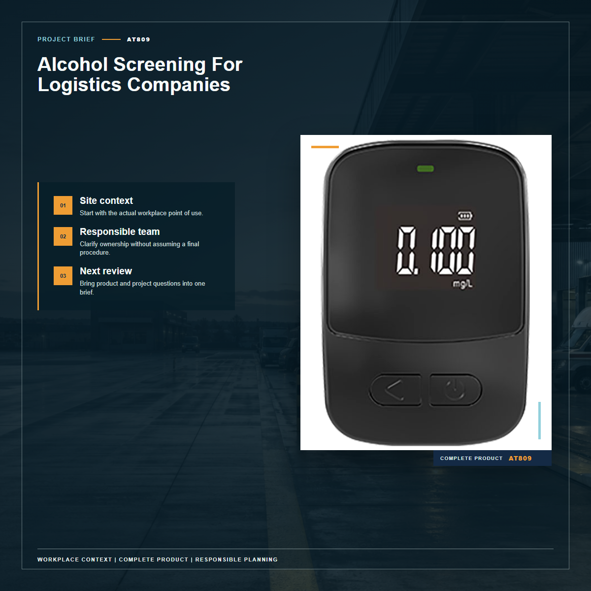 Complete official PESV AT809 product photo supporting alcohol screening for logistics companies in a tightly framed product-first layout